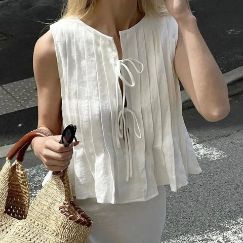 Y2K Korean White Linen Cotton Pleated Lace Up Sleeveless Short Shirt Crop Top Blouse Pleated Shirts Clothes
