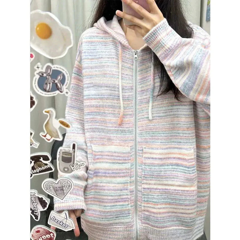 Japanese Y2k Rainbow Striped Kawaii Cardigans All Match Hooded Sweaters Loose Zipper Grunge Knitted Coat Pull Femme