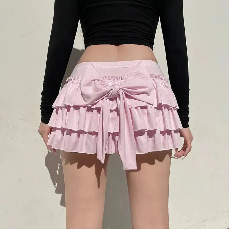 Bow Sweet A-Line Skirts Slim Low-Waist Casual Mini Skirts Y2K FeStreetwear All-Match Pink Skirts
