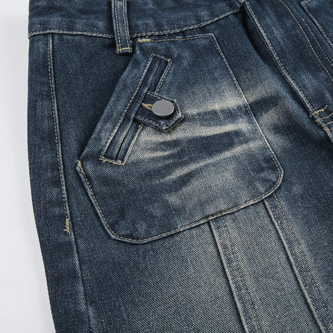 Voguable Vintage Blue Straight Denim Skirt American Retro Aesthetic Chic Stitch Cargo Mid Skirts Y2K Streetwear Grunge New