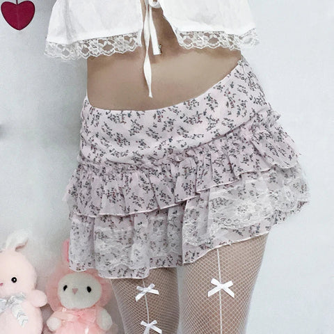Voguable  Kawaii Floral Print Lace Stitching A-line Skirt Pink Low Waist Chiffon Skirts Y2K Coquette Lolita Skirts Soft Girls