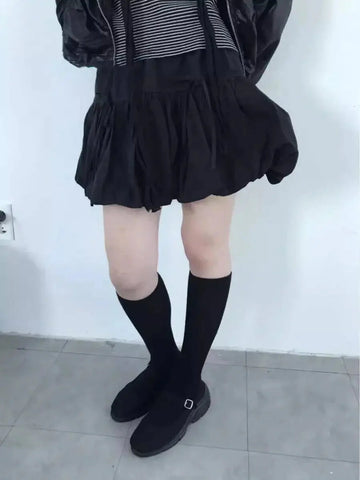 Y2k Bubble Mini Skirt Elastic Waist Ruffle Flare Puffy Skirt High Rise Cute Pleated Lace-up Bow Tie Lantern Short Skirt