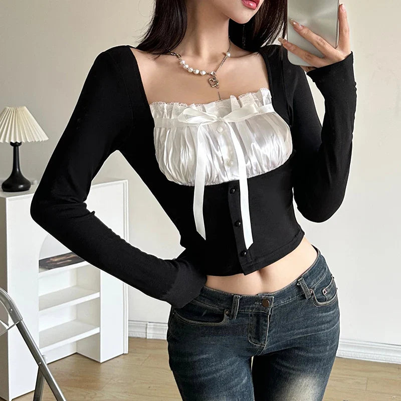 Voguable Sweet Contrast Pleated Satin Patchwork Cropped Top Coquette Slim-fit Knitted T-shirts Fall Y2K Tops Kawaii