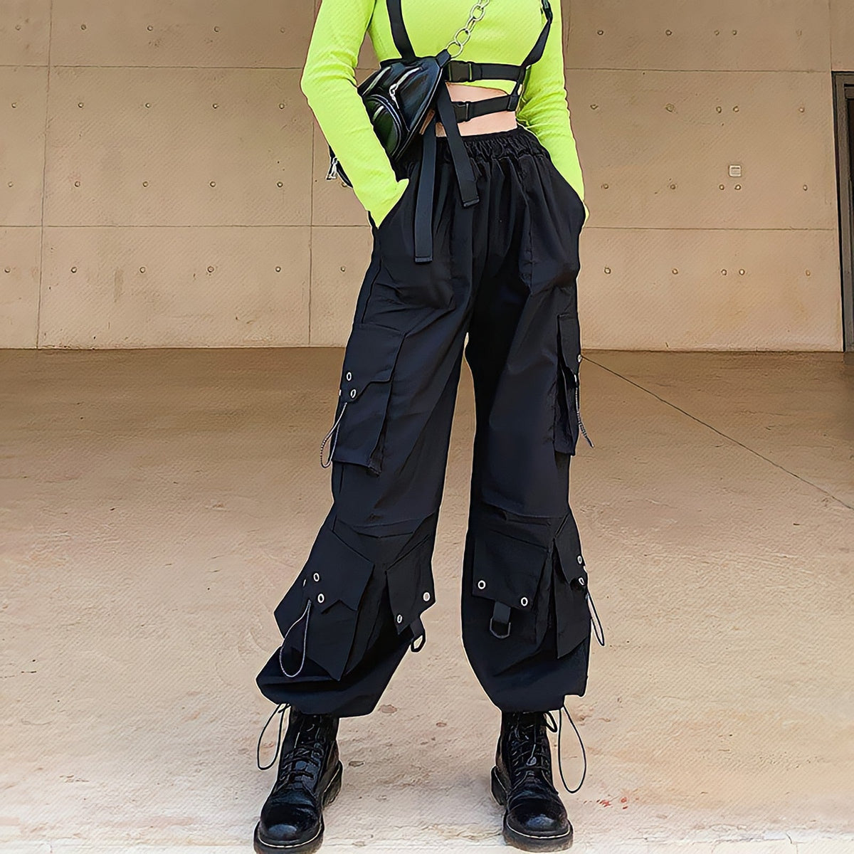 Black Cargo Pants High Waist Hip Hop Loose Vintage Streetwear Grunge Y2k Punk Casual Straight Wide Leg Trousers