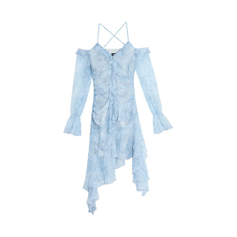 Voguable Y2K Ruffles Irregular Short Dress Tie Dye Flare Sleeves Elegant Party Dress Prom Robe Halter Vestidos