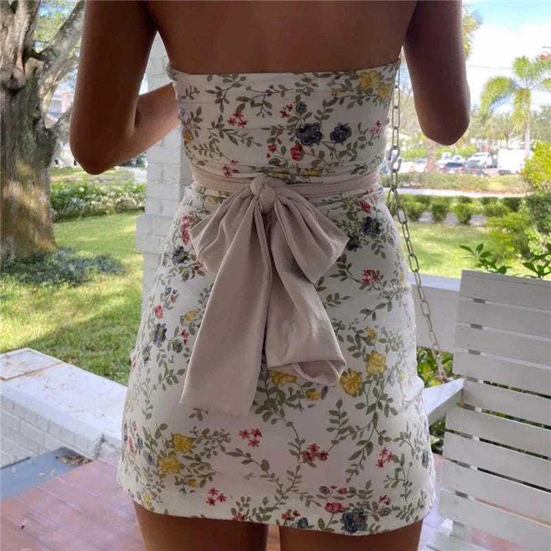 Y2k Dresses for Fairycore Floral Print Off Shoulder Strapless Sleeveles Mini Dress Club Party Dresses Streetwear