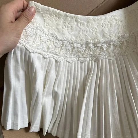 Y2K Lace Up Mini Skirts Korean High Waist Preppy Lace Patchwork Pleated Skirt Sweet Lolita A Line Faldas Mujer
