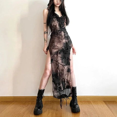Grunge Dress y2k Tie Dye Print Sleeveless Side Split Hooded Dress Gothic Party Dresses Halloween Costume