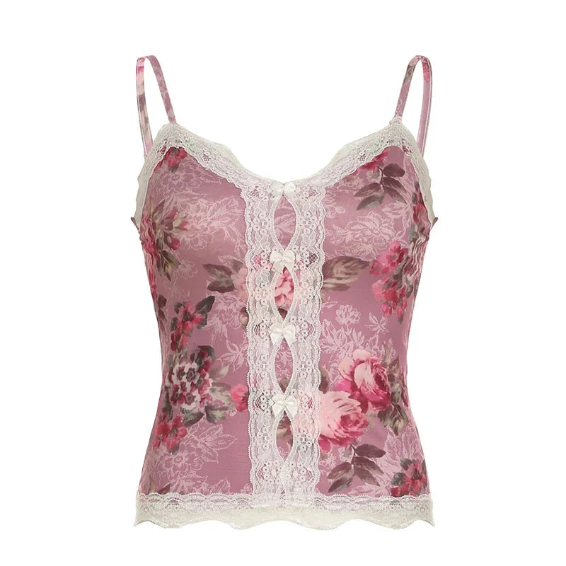 y2k Floral Cropped Top Vintage Lace Stitching Sleeveless Skinny Strap Tops Retro Camisole Streetwear Tees Aesthetic