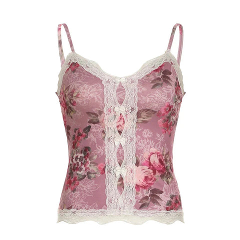 y2k Floral Cropped Top Vintage Lace Stitching Sleeveless Skinny Strap Tops Retro Camisole Streetwear Tees Aesthetic