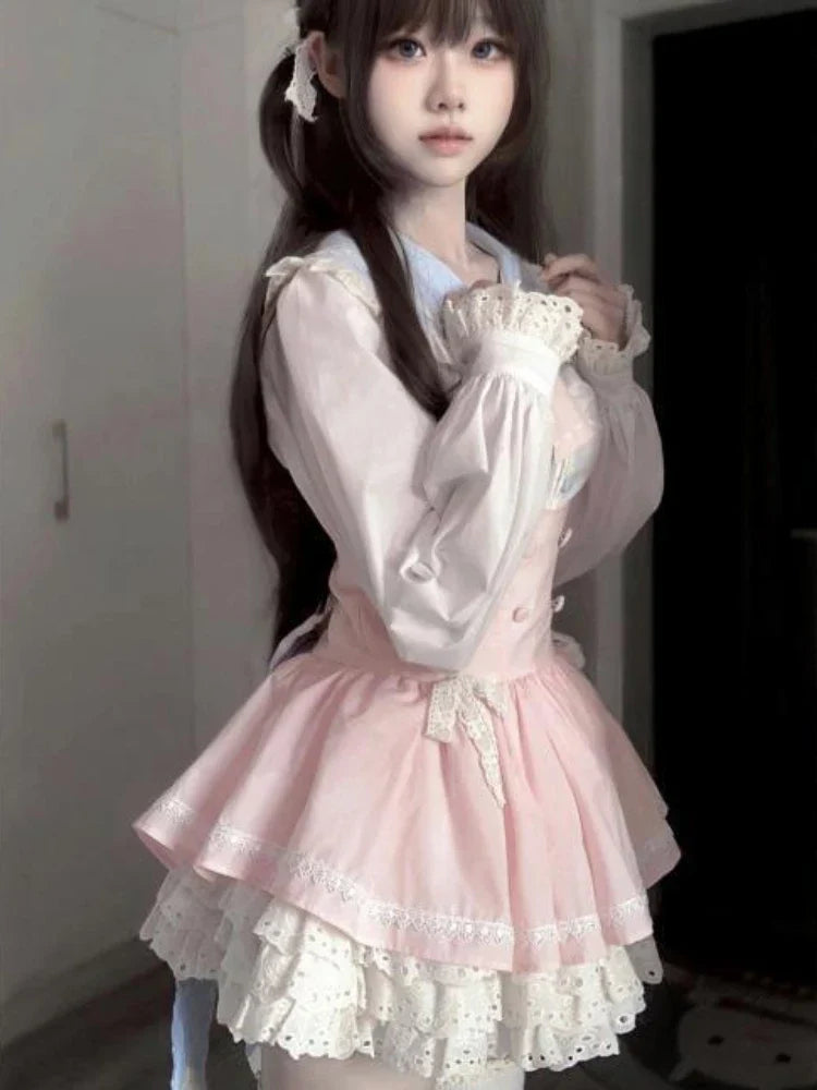 Voguable Kawaii Japanese Style 2 Piece Set Casual Blouse + Sweet Pink Y2k Mini Skirt Lace Lolita Suit Woman Design New