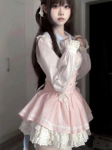 Voguable Kawaii Japanese Style 2 Piece Set Casual Blouse + Sweet Pink Y2k Mini Skirt Lace Lolita Suit Woman Design New