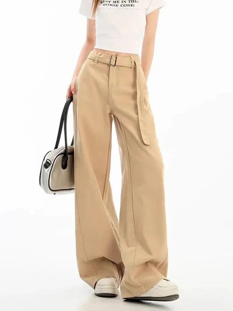 Belt Retro Khaki Jeans Y2K High Waist Loose Streetwear Denim Pants Casual American Vintage Wide Leg Trousers