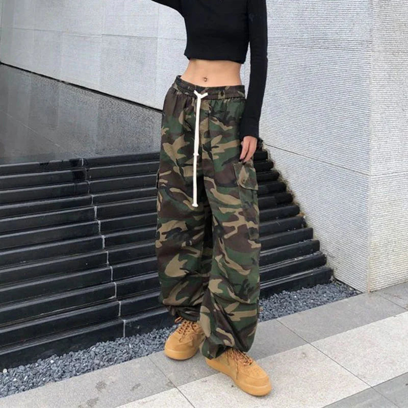 100% Pure Cotton Camo Cargo Pants Y2K Vintage Streetwear Joggers Sweatpants Bf Oversized Loose Hip Hop Wide Leg Trousers