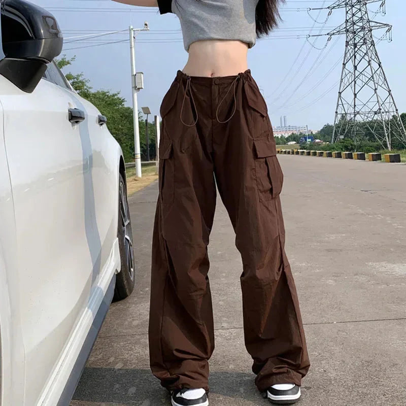Y2K Brown Drawstring Cargo Pants Vintage Hip Hop Streetwear Baggy Pocket Wide Leg Trousers Casual Straight Pants