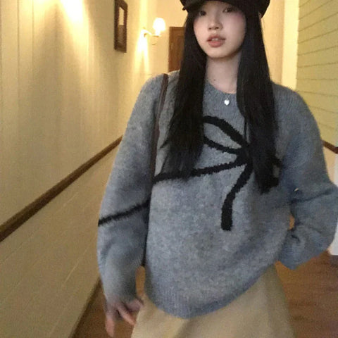 Elegant Bow Sweaters Vintage Y2k Knitted Pullovers Winter Loose Long Sleeve Aesthetics Streetwear Jumpers