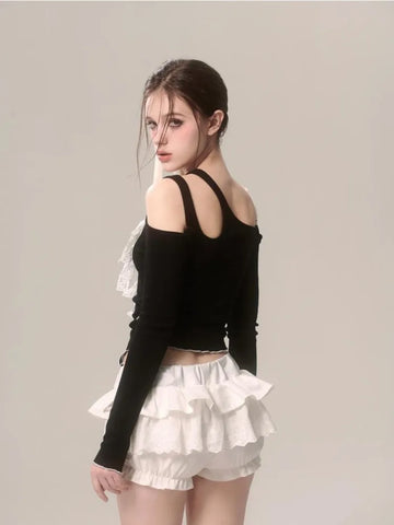 Voguable Lace Fake Two Piece Blouse Japanese Style Bow Kawaii Y2k T Shirt Spicy Girl Aesthetics Slim Tees Chic