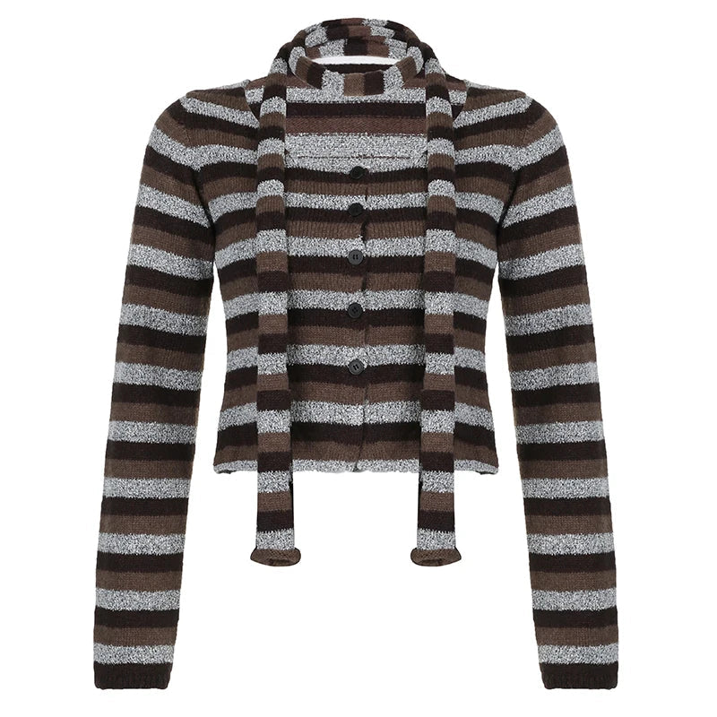 Casual Furry Striped T Shirt With Scarf Winter Y2K Slim O-Neck Long Sleeve Tees Cardigans Streetwear