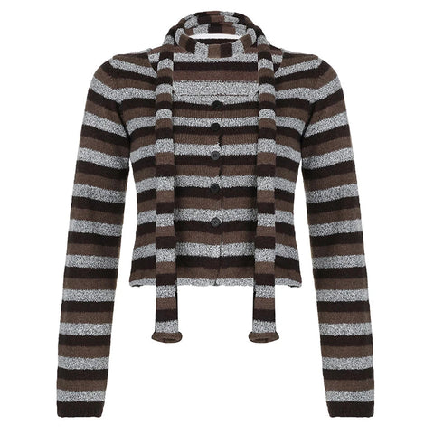 Casual Furry Striped T Shirt With Scarf Winter Y2K Slim O-Neck Long Sleeve Tees Cardigans Streetwear