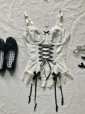 Y2k Camis Sweet Girl Sling Streetwear Bow White Bandage Kawaii Slim Topss Harajuku Crop Tank Top