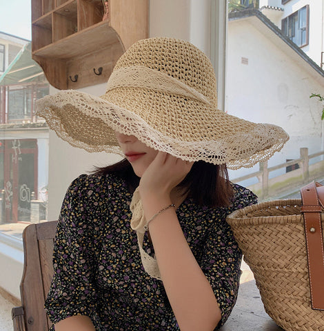 Lace Trim Straw Hat