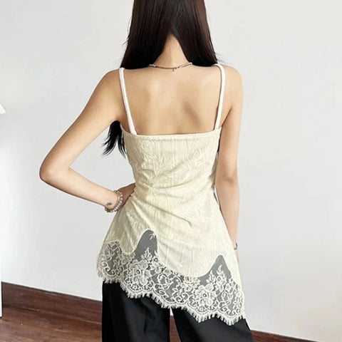 Lace Patchwork V-Neck Camis Y2K Spaghetti Straps Sleeveless Tank Korean Irregular FeVest
