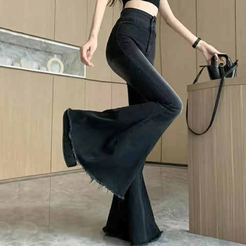 Y2K Vintage Raw Edge Flare Jeans Korean High Waist Slim Denim Pants Solid Hip Hop Streetwear All Match Wide Leg Trousers