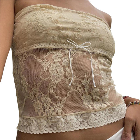 y2k Tube Top Aesthetic Clothes Floral Lace Patchwork Off Shoulder Strapless Sleeveless Tanks 2000s Streetwear