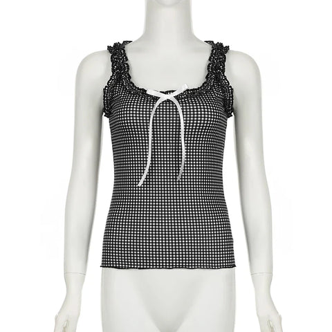 Voguable Y2K Checkerboard Tank Top Ruffle Square Collar Plaid Sleeveless Tops Coquette Aesthetic Contrast Bow Slim-fit Camisole