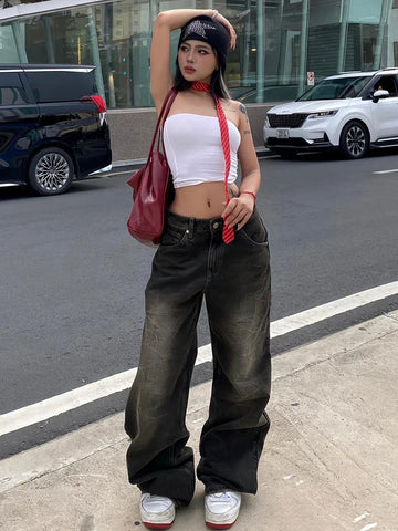 Voguable Streetwear Jeans Harajuku Cargo Pants Y2K Casual Denim Distressed Straight Wide Leg Trousers FeKorean