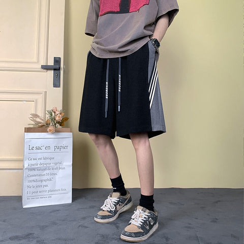 Panel Stripe Shorts Korean Chic Y2k Loose Straight Elastic Waist Short Pants Casual Harajuku Streetwear