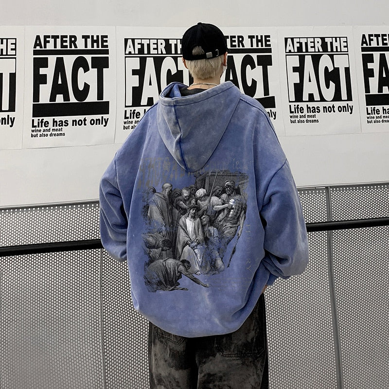 Oversize Dark Style Graphic Acid Washed Hoodies Y2K Vintage Streetwear Loose Man Sweatshirts Basic Pullovers