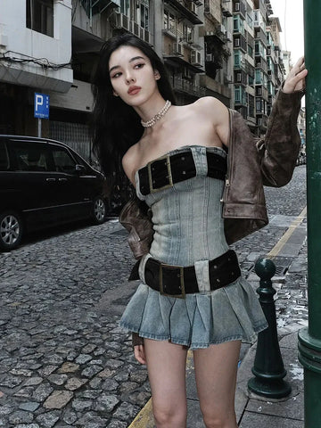 Vintage Y2k Strapless Denim Dress Bodycon Korean Kpop Belt Pleated Mini Dress 2000s Streetwear