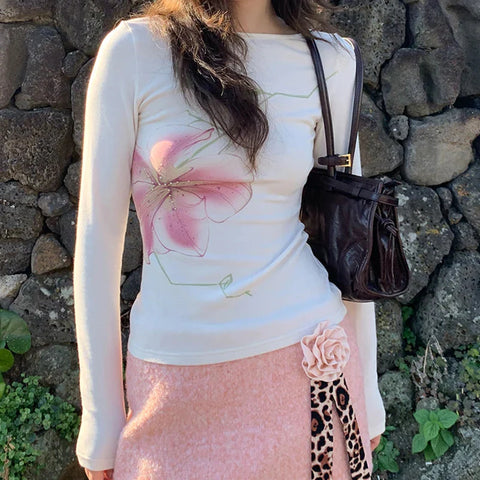 Fairy Coquette Top y2k Clothing Rhinestone Floral Print Round Neck Long Sleeve T Shirts 2000s Clothes Streetwear