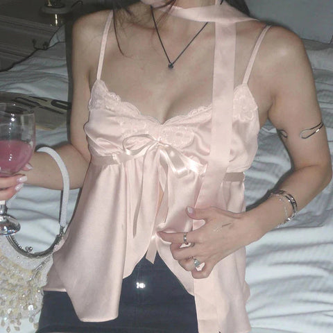 Kawaii Bandage Lace Pink Camisole Sweet Patchwork Satin Crop Tops with Slit y2k Vintage Tank Tops Cute