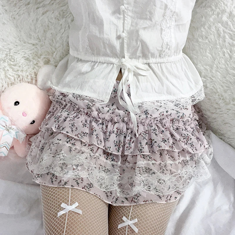 Voguable  Kawaii Floral Print Lace Stitching A-line Skirt Pink Low Waist Chiffon Skirts Y2K Coquette Lolita Skirts Soft Girls