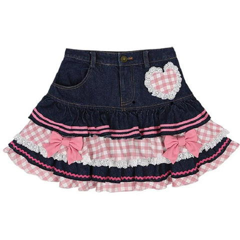 Voguable Preppy Style Lolita Kawaii Skirts Japanese Sweet Mini Harajuku Cute Ball Gown Denim Skater Y2K High Waist Lace Cake Skirts