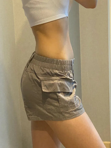 Rapcopter y2k Solid Cargo Shorts Pockets Elastic Band Low Waisted Shorts Harajuku Retro Basic Casual Sporty Bottom Biker