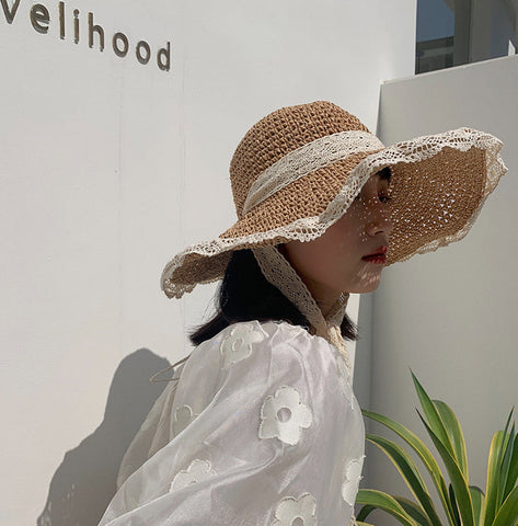 Lace Trim Straw Hat