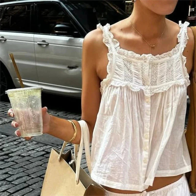 Y2k Lace Ruffle Trim Tank Top Fairycore Sheer Button Front Scoop Neck Camisole Cute Going Out Crop Tops Boho Vest