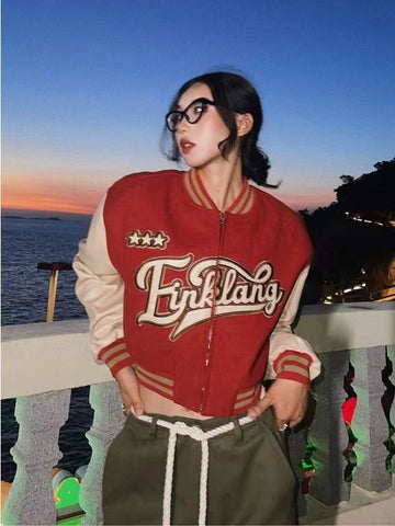 Voguable Pu Leather Letter Print Zipper Long Sleeve Loose Patchwork Jacket Winter Streetwear Outfits Y2K