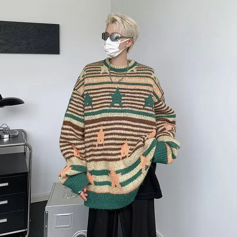Voguable Y2K Star Sweater Harajuku Striped Knitted Pullovers Jumpers Tops Oversize Purple Winter Streetwear Hip Hop