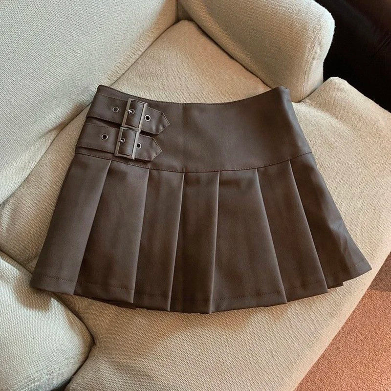 S-3XL Y2K Pu Leather Mini Skirts Streetwear High Waist Pleated Skirt Vintage Korean Black Slim Casual A Line Skirts