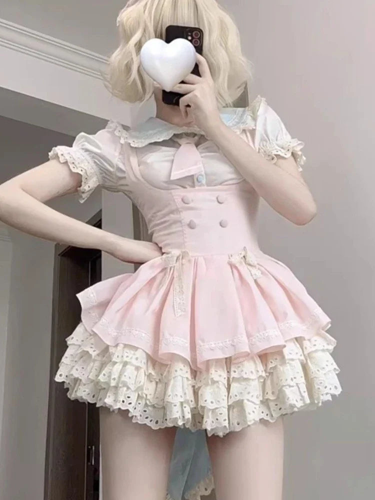 Voguable Lolita Kawaii 2 Piece Sets Cute Slim Blouse Blouse + Sweet Lace Sleeveless Y2k Mini Dress Japanese Style Suit