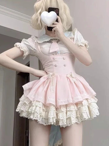 Voguable Lolita Kawaii 2 Piece Sets Cute Slim Blouse Blouse + Sweet Lace Sleeveless Y2k Mini Dress Japanese Style Suit