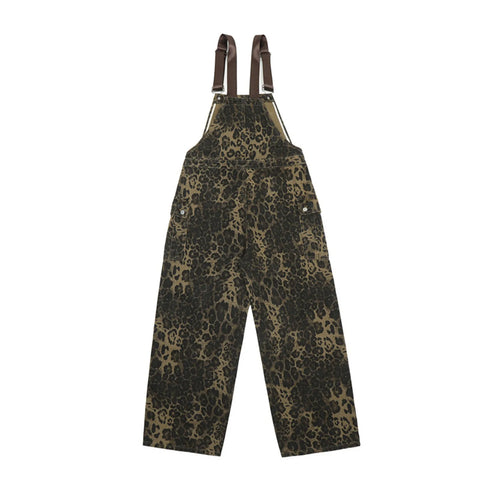 Leopard Jumpsuits Y2k Clothes Streetwear Wide Leg Baggy Jumpsuits Multi-Pocket Loose Cargo Overalls Rompers