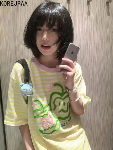 Apple Embroidery T Shirt Korean Style Striped Short Sleeved T-shirts Y2k Clothes Gentle O Neck Tees Top