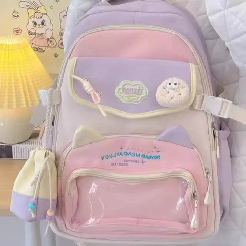Transparent Sweet Kawaii Backpack High-capacity Y2k Aesthetic Schoolbag Students Contrast Color Patchwork Ita Bags