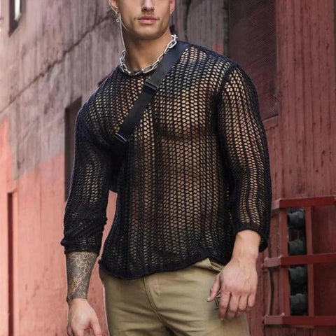 Y2k Oversized T-Shirt Pullover Sweater Meshed Hollowed-Out Long Sleeves T-Shirt