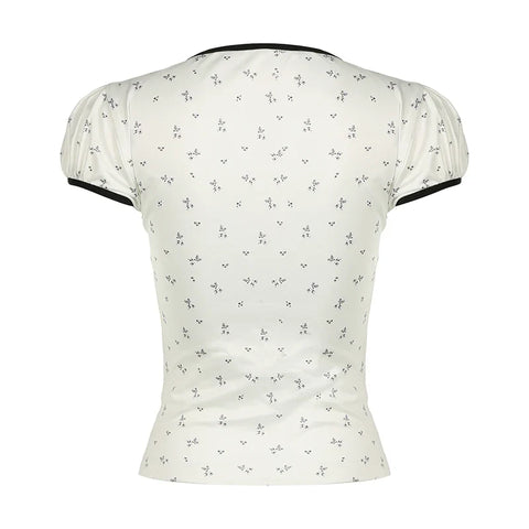 Voguable  Y2K Floral Print T-shirt Contrast Color Lace-up Square Collar Short Sleeve Tops French Style Cute Tees